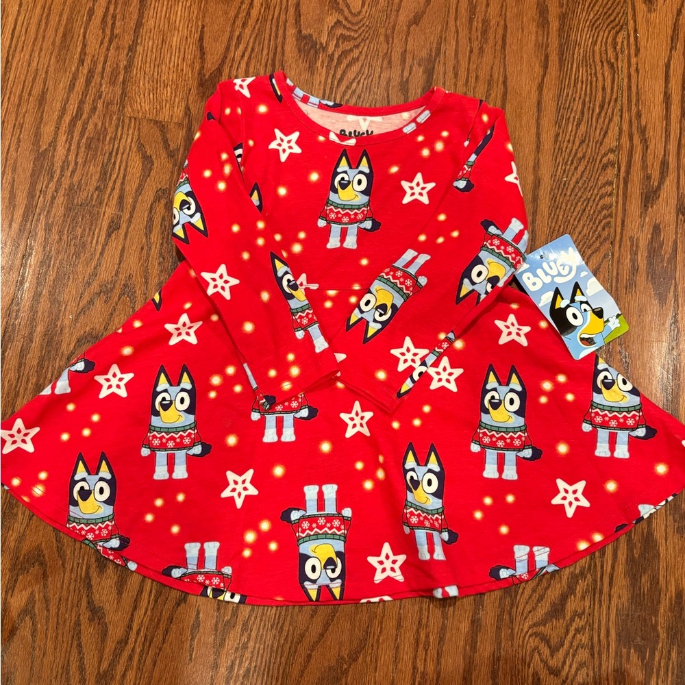 Bluey Winter Dress Girl Size 2T Red Long Sleeve Christmas Holiday Dress NWT